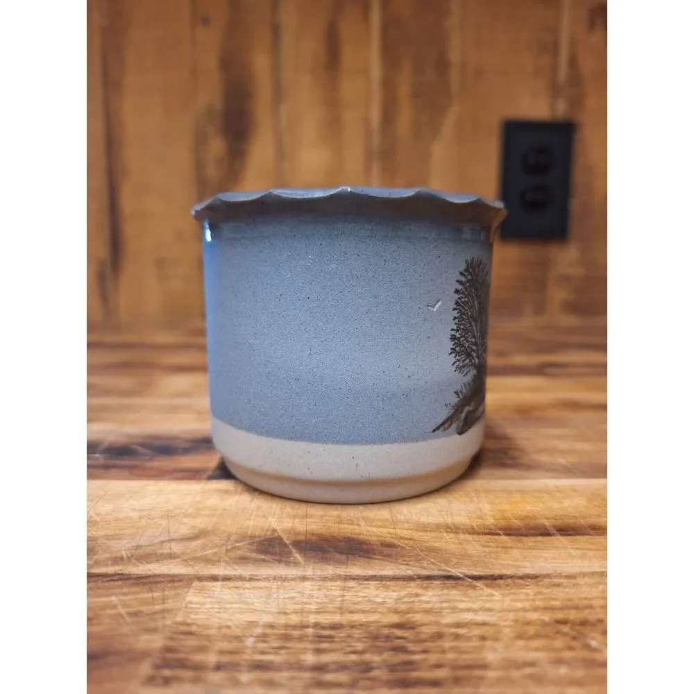 Wonderful‎ hand-made studio pottery brush pot / vase grey tones trees & birds